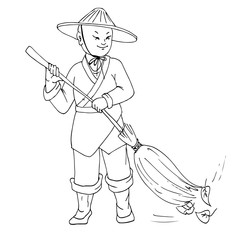 janitor sweeps the leaves in autumn. China. Pastiche. Vector