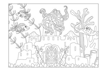 Coloring sheet for children. Underwater landscape with a castle, octopus, seahorses and fish. Poster. Vector