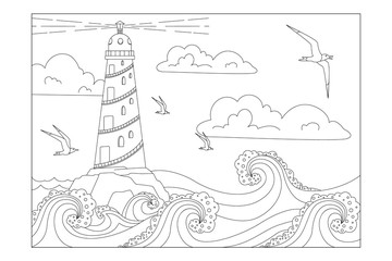 Coloring sheet for children. Landscape with a lighthouse, sea waves and seagulls. Poster. Vector