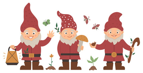 Naklejka premium Vector set of cute garden gnomes. Funny dwarves with lantern, bird, mushroom isolated on white background. Traditional gardening leprechaun sculpture..