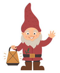 Vector cute garden gnome. Funny dwarf with lantern isolated on white background. Traditional gardening leprechaun sculpture..