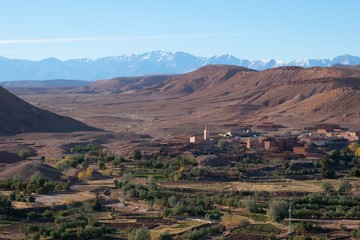 Desert mixed with white snow and green grass of an oasis 
