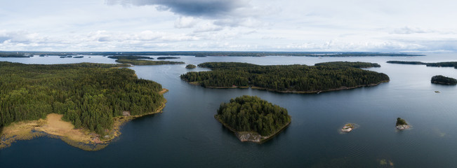 Obraz premium Aerial view of sea and islands at summer time. Finland. The Archipelago. Nordic Natural Landscape.