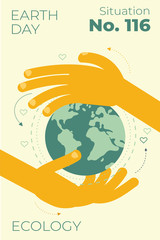 Ecological illustration. Earth day. The hands of the person hugging the planet Earth. Care and love planet. Ecological thinking. Concern for environment. Planting trees. Environmental activist. Green.
