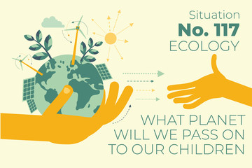 Ecological illustration. In hands of man planet Earth.  Alternative types of energy. Modern eco friendly technologies, solar battery, wind generator, Eco city, waste disposal. ECO activist. Green. 