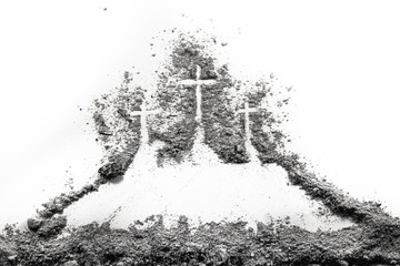 Three cross on Golgota hill drawing made of ash or dust as christian religion, God sacrifice, Good Friday, Ash Wednesday, Easter, Jesus Christ or Lent concept
