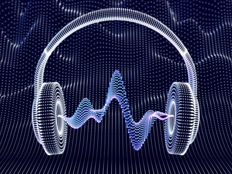 3D headphone with sound waves on dark background. Abstract visualization of digital sound and modern art. Concept of electronic music listening. Digital audio equipment. EPS 10 vector illustration.
