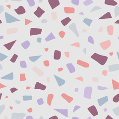 Bright Terrazzo Seamless Pattern. Abstract Terrazzo design in pink and purple delicate pastel colors. Terrazzo seamless patterns. Trendy vector abstract background with chaotic stains.