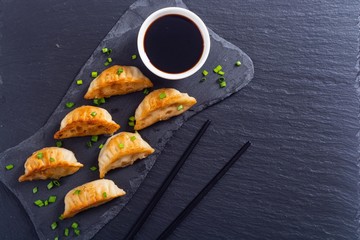 Traditional asian dumplings gyoza with green onion and soy sauce