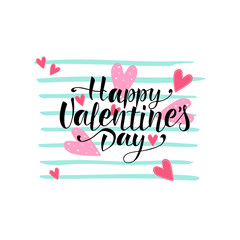 Fototapeta na wymiar Hand drawn HAPPY VALENTINES DAY typography poster. Black lettering on striped background with pink hearts. Vector illustration in flat cartoon style. Perfect for card, postcard, flyer, poster, banner,