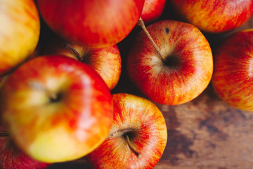 Big heap of organic grown, imperfect red and yellow apples, top view