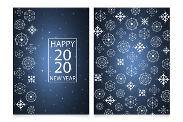 Beautiful hand drawn Christmas and New Year invitation card (poster) set with copy space for your text. Decorative openwork vector snowflakes for design on a blue background. 