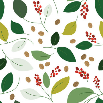 Seamless pattern with roasted coffee beans and branch of plant with leaves and berry. Background illustration for specialty coffee house or shop. Can use for textile, package, paper, flyer, wrapping. 