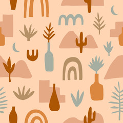 Abstract seamless pattern with plants, vases and graphic elements. Trendy graphic design for banner, poster, card, invitation, placard or textile