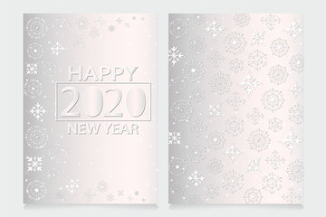Beautiful hand drawn Christmas and New Year invitation card (poster) set with copy space for your text. Decorative openwork vector snowflakes for design on a bright background. 