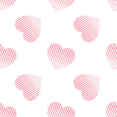 Seamless pattern of watercolor red hearts on a white background. Use for valentines day, wedding invitations, birthdays, menus and decorations