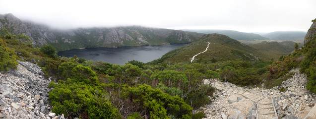 Top view of the deep blue color Crater Lake in the Cradle mountain of Tasmania, Australia