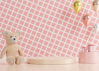 Glossy luxury podium for your design. Pink gift box, Teddy bear and Pink balloon on pastel background. Happy Valentine's Day.