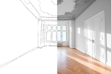flat renovation, photo and sketch of renovated room