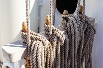 Tall ship rigging, tied ropes