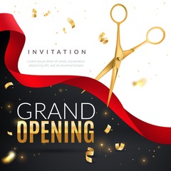 Grand opening. Golden confetti and scissors cutting red silk ribbon, inauguration ceremony banner, opening celebration vector poster - obrazy, fototapety, plakaty