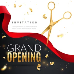 Fotobehang Grand opening. Golden confetti and scissors cutting red silk ribbon, inauguration ceremony banner, opening celebration vector poster © YummyBuum