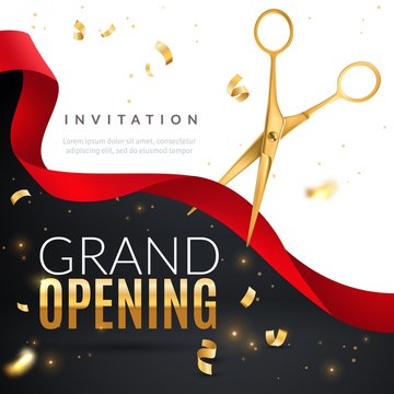 Grand opening. Golden confetti and scissors cutting red silk ribbon, inauguration ceremony banner, opening celebration vector poster