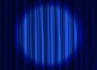 Stage blue curtain. Theatrical or cinema cloth luxury silk elegant closed curtains with spotlight vector background