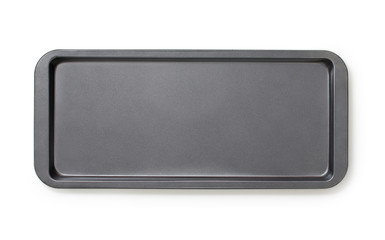 Very narrow baking tray with non-stick coating, top view, close-up.