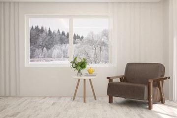 White room with armchair and winter landscape in window. Scandinavian interior design. 3D illustration