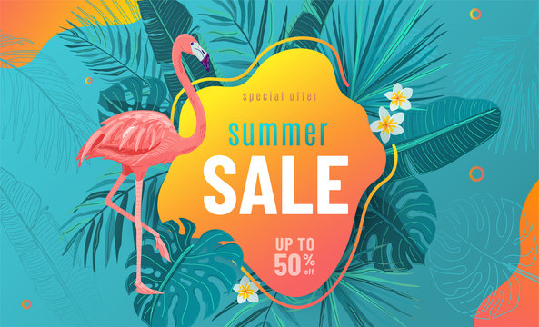 Summer sale vector poster background with bright geometric elements, tropical leaves, flamingo, frangipani flowers. Special offer flyer illustration. Tropic graphic design on blue backdrop