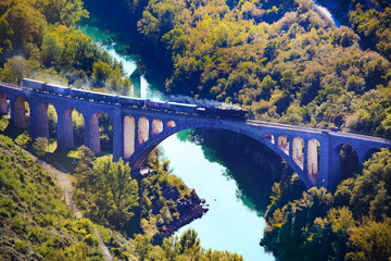 Fototapeta na wymiar famous solkan bridge with the train