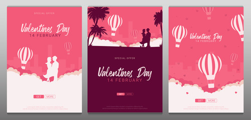 Set of Valentine's Day banners with couple in love, palms and air balloon on the pink background.