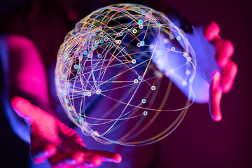 touching global network and data exchanges over the world 3D rendering
