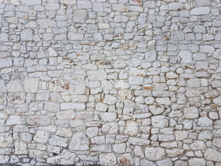 Ancient medieval stone masonry. Texture of a fragment of a wall of an old structure. A background for design and creative work. Decoration and exterior decoration of the building. Construction works