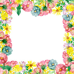 Watercolor hand painted nature squared floral meadow border frame with pink acacia, Arnica, wormwood, blue Daisy, yellow dandelion flowers on the white background for invitations and greeting cards