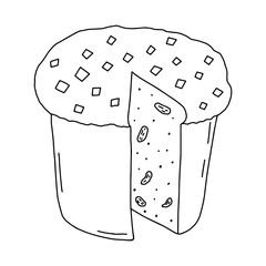 Easter cupcake isolated on white background. Hand-drawn line drawing. Doodles.Cupcake with a cut-out piece with raisins .For textiles, postcards, and jewelry. Vector