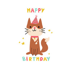 Pet birthday party.Cat in festive cap.Happy Birthday lettering.Lovely kitty.Hand drawn pet.Greeting card.Invitation.Vector flat cartoon illustration isolated on white background.