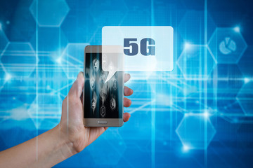 5G mobile technology concept - high internet speed.5G network wireless systems  communication network with smartphone in hand and objects icon connecting together, Connect global wireless devices.