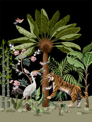 Fototapety  Wzór w stylu chinoiserie z tygrysami, czaplami i drzewami dżungli.