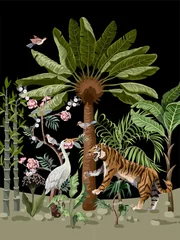  Pattern in chinoiserie style with tiger, heron and jungle trees. © Yumeee