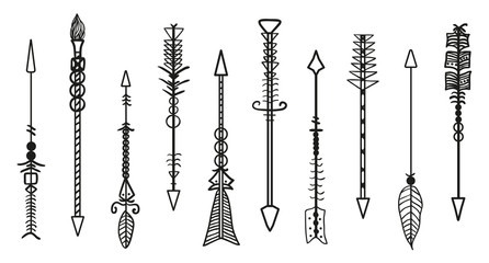 Bow arrows. Set of different rustic arrows with tribal ornaments. Black and white illustration