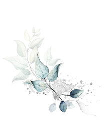 Watercolor painted floral bouquet isolated on white background. Arrangement with branches, leaves, pink silver dust graphic elements.