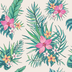 Tropic seamless pattern with plumeria, orchid and tropical leaves. Summer decoration print for wrapping, wallpaper, fabric. Seamless vector texture. Tropical bouquet flowers.