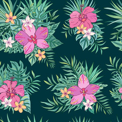 Fototapeta na wymiar Tropic seamless pattern with hibiscus, plumeria, orchid and tropical leaves. Summer decoration print for wrapping, wallpaper, fabric. Seamless vector texture. Tropical bouquet flowers.