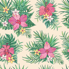 Tropic seamless pattern with hibiscus, plumeria, orchid and tropical leaves. Summer decoration print for wrapping, wallpaper, fabric. Seamless vector texture. Tropical bouquet flowers.