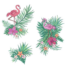 Flamingo with palm leaves, hibiscus and plumeria. Vector isolated illustration on white background. Exotic set tropical for wedding invitations, greeting card and fashion design. Tropical bouquet.