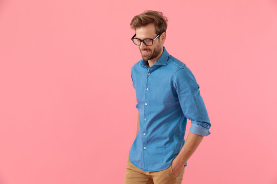 Sexy Casual Guy In Denim Shirt Wearing Eyeglasses