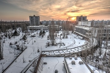 Main square of the ghost town of Prypiat, Chernobyl exclusion zone