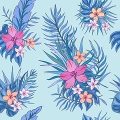 Obraz premium Tropic seamless pattern with plumeria, orchid and tropical leaves. Summer decoration print for wrapping, wallpaper, fabric. Seamless vector texture. Tropical bouquet flowers.